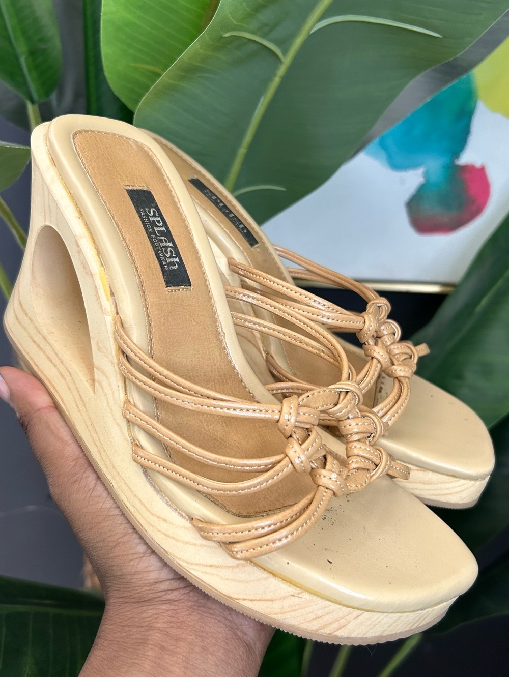 Y2K Splash Beige Knot-Detail Wedge Sandals